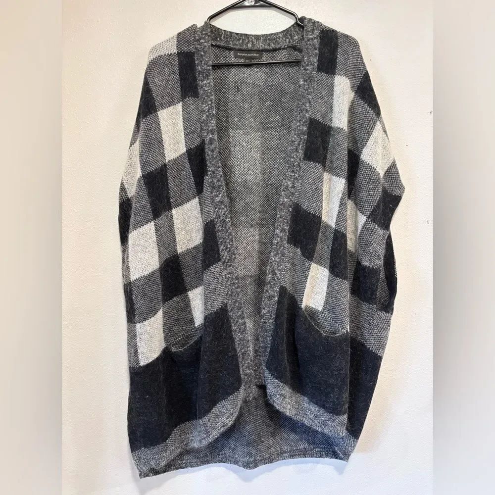 Mohair Wool Blend Banana Republic Oversized Cardigan VestCheckered Black Gray